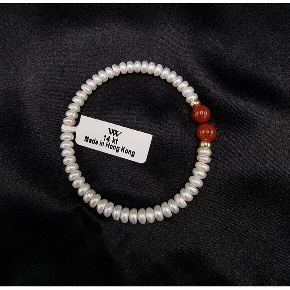 14K Freshwater Pearl & Carnelian Bracelet - Picture 2 of 5